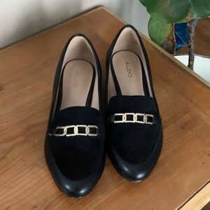 Aldo Black Loafers with Gold Chain Accent